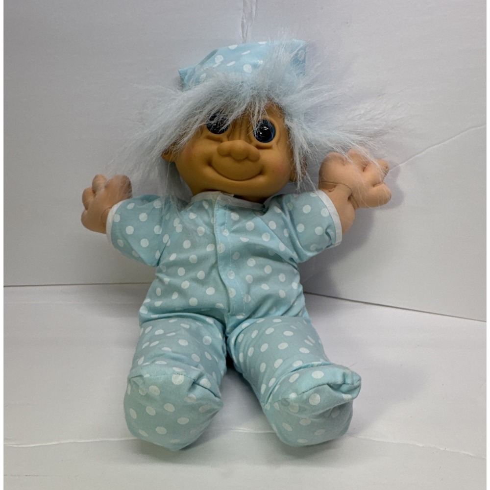 Baby Girl Doll Light Complexion Brown Eyes White Straight Hair Blue Pajamas Hat